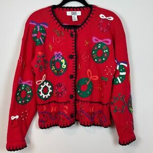 Vintage‎ Seque Red Christmas Sweater Beaded Embroidered Womens MED Ugly Sweater